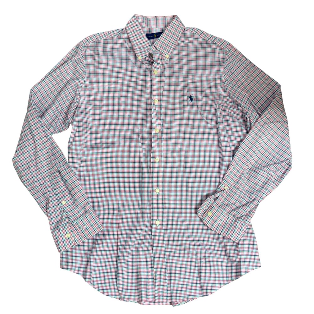 Ralph Lauren Mens Large Pink Blue‎ Check Cotton Button Down Shirt Long Sleeve
